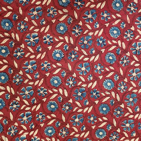 ( Pre-Cut 2.55 Meter ) Pure Cotton Ajrak Rust And Cream And Blue Flowe ...