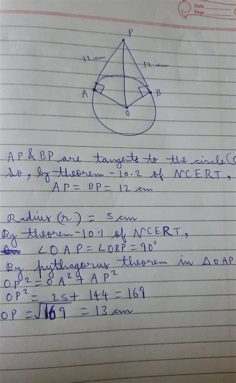 The length of a tangent to a circle from a point P is 12 cm and the ...