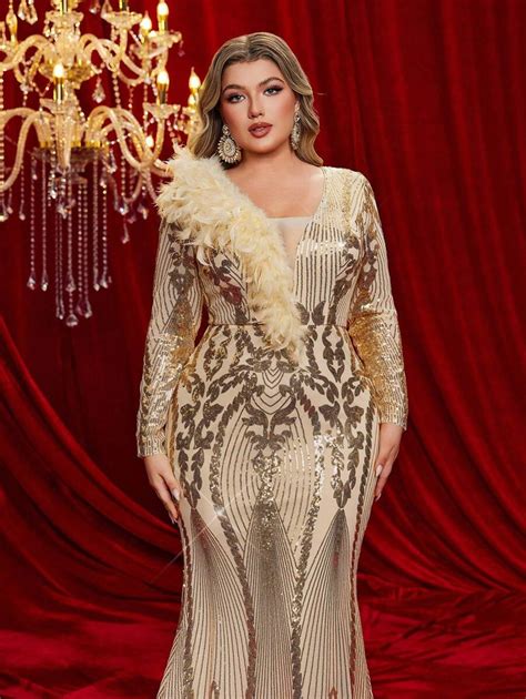 Glamrae Plus Size Elegant Luxury Champagne Luxurious Sequin Deep V ...