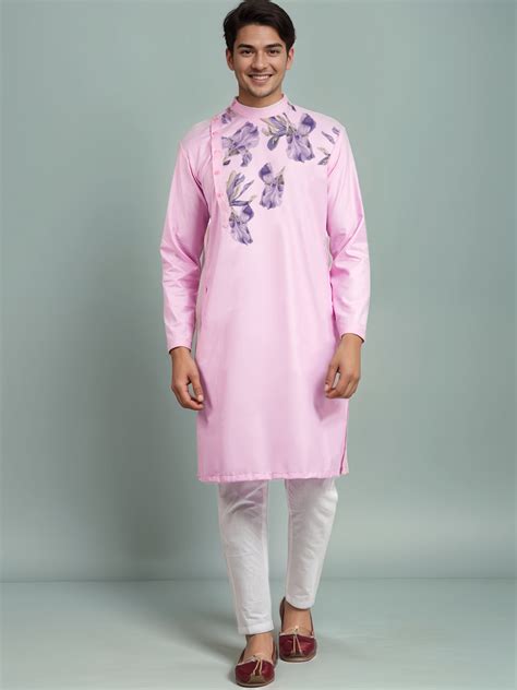 Mens Pink Printed Kurta