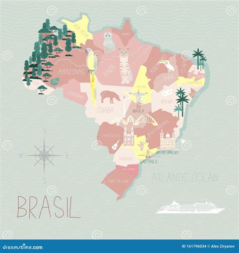 Brazil Cartoon Travel Map Vector Illustration With Landmarks, Cities, Roadmap. Infographic ...
