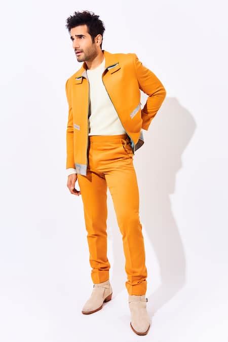 Buy Yellow Suiting Fabric Abstract Fleece Jacket And Pant Set For Men ...