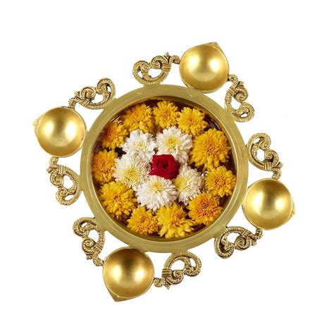 Brass Ethnic Carved Design 9.5 Inches Urli with 4 Diyas – Two ...