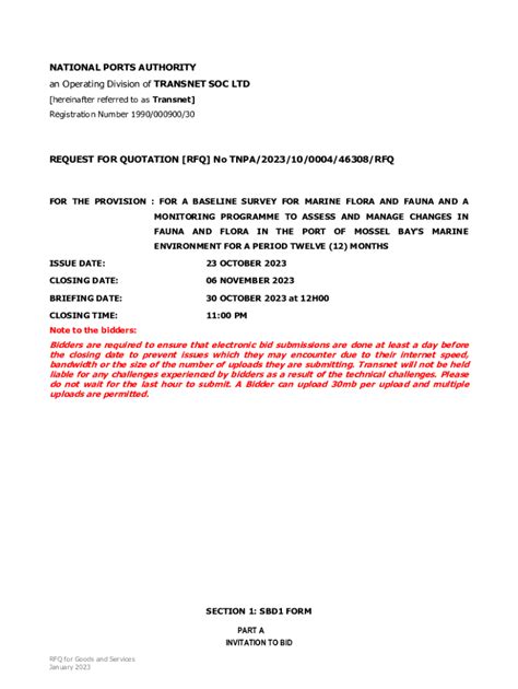 Fillable Online REQUEST FOR QUOTATION RFQ No TNPA/2023/10/0004/46308 ...