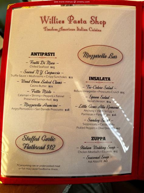 Online Menu of Willie’s Pasta Shop Restaurant, Reno, Nevada, 89502 - Zmenu