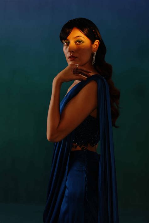 Drishti Chhabraa - Metallic Blue Fish Cut Drape - Elahe