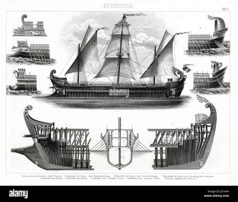 German Bilder Print of the Ancient Greek Trireme Warship with three ...