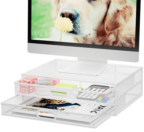 Marbrasse Monitor Stand Riser with Drawer - Metal Mesh Desk Organizer ...