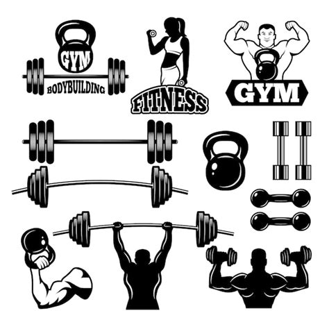 Badges en labels voor gym en fitnessclub. Sport symbolen in zwart-wit ...