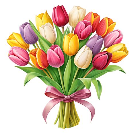 Colorful Tulips Bouquet With Pink Ribbon Clipart, Colorful Tulip ...