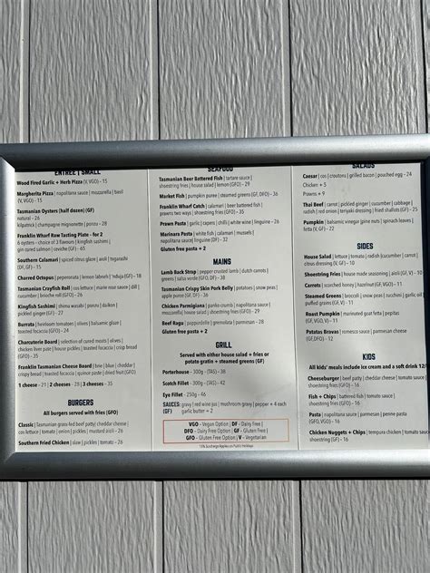 Menu at Franklin Wharf Restaurant and Bar, Hobart