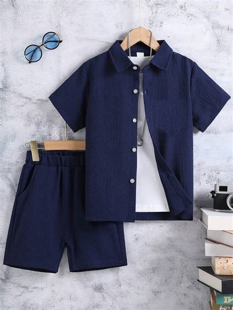 SHEIN Tween Boy Solid Pocket Patched Button Up Shirt With Shorts ...