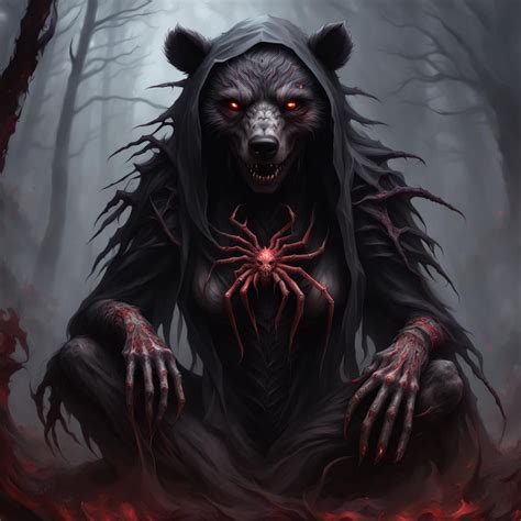 cursed anthro Eerie full body undead bear, Zombie hag banshee, crimson undead aura, skin covered ...