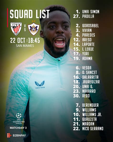 Squad List: Athletic Club vs Qarabag FK (Champions League 2025-26 MD3) | Athletic Club's ...