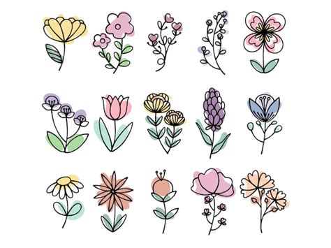 Wildblumen-Doodle-Vektorsammlung. Illustrationen mit pastellfarbenen ...