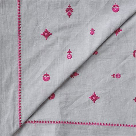 Pure Cotton Flex Grey And Pink Flower Motifs With Border Embroidery Fa ...