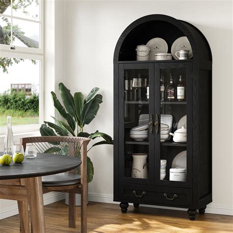 Charlton Home® Arched Cabinet,Curio Cabinet,Dining Display Cabinet with Glass Door and Drawer ...