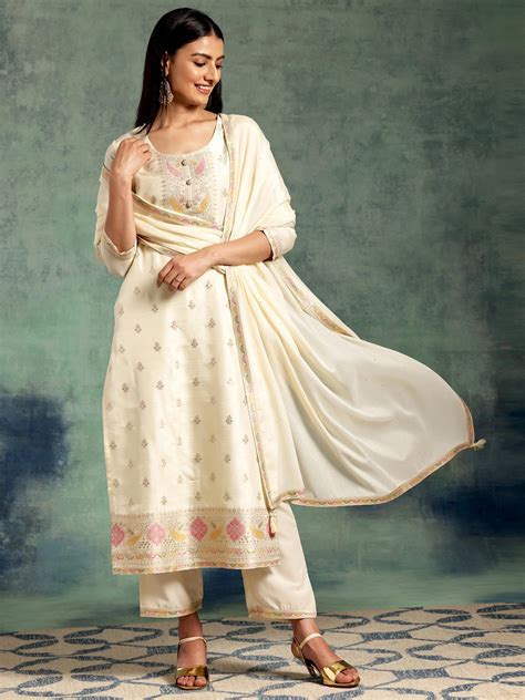 Buy Off White Woven Design Silk Blend Straight Suit With Dupatta Online ...