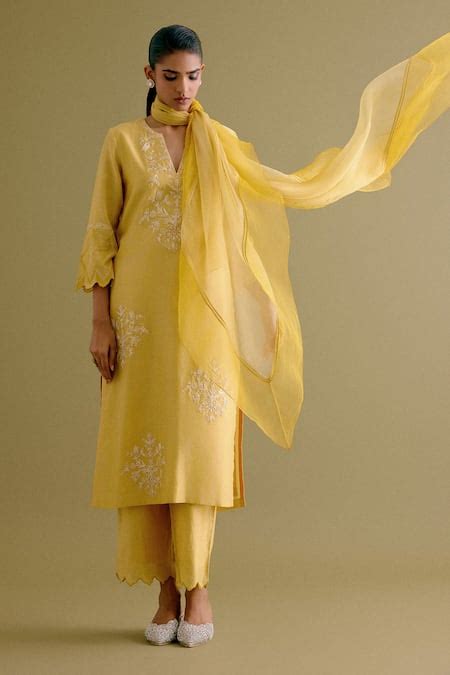 Buy Yellow , Chanderi, Organza Embroidery Split Dori Work Kurta Palazzo ...