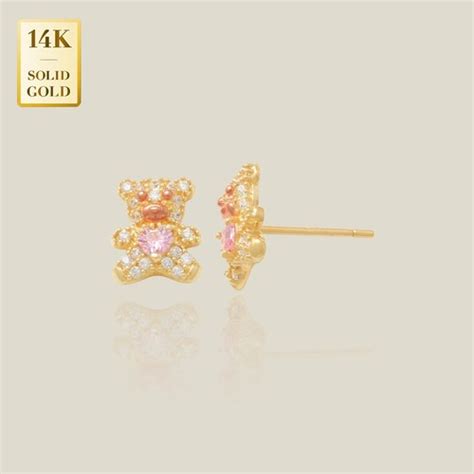 14K REAL Solid Gold Teddy Bear Pink, Red Heart Stud Earrings Earlobe ...