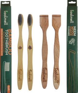 Taal Mell Combo Pack of 2 Bamboo Toothbrush & 2 Neemwood Tongue Cleaner ...