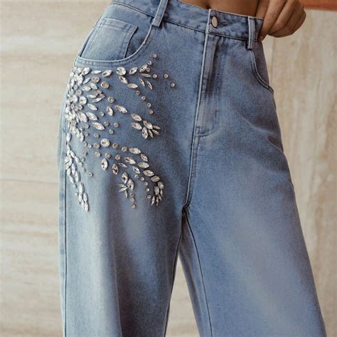 Crystal Vine - Rhinestone Embellished Wide Leg Jeans - Ice Blue – Wear ...