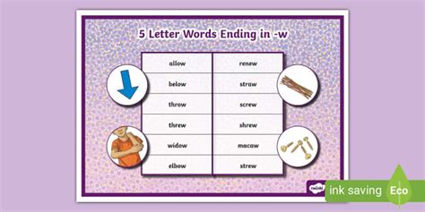 5 Letter Words Ending in -w Word Mat