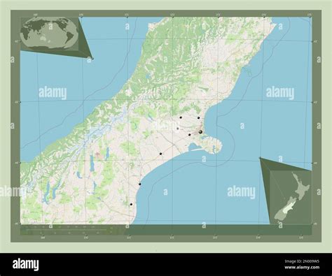 Canterbury, regional council of New Zealand. Open Street Map. Locations of major cities of the ...