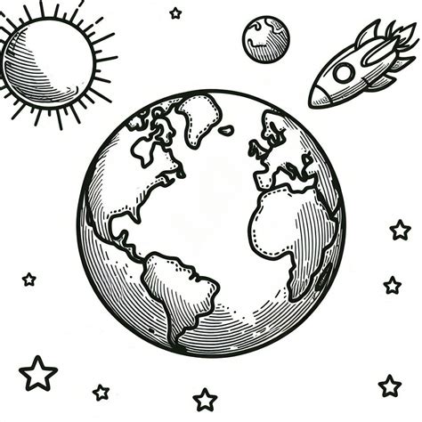 Planet Earth, Sun, Moon, Rocket and Stars 🌍🌞🌙🚀⭐ Coloring Page