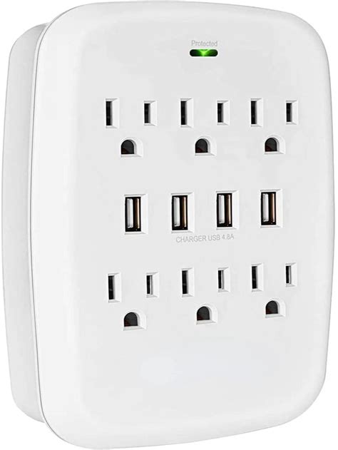 6 Outlet Wall Plug Extender with 4 USB Ports (4.8A Total); Multi Plug ...