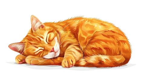 A ginger cat is sleeping soundly curled up in a ball with its tail ...
