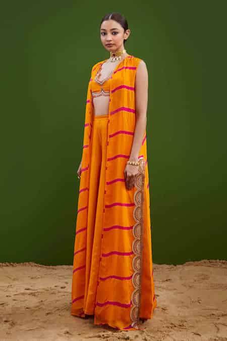 Buy Orange , Organza Embroidery, Gota Patti Asymmetric Jacket Palazzo ...
