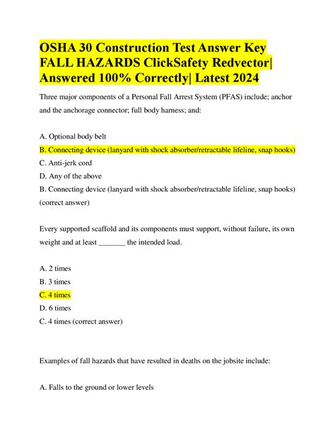 OSHA 30 Construction Test Answer Key FALL HAZARDS ClickSafety Redvector ...