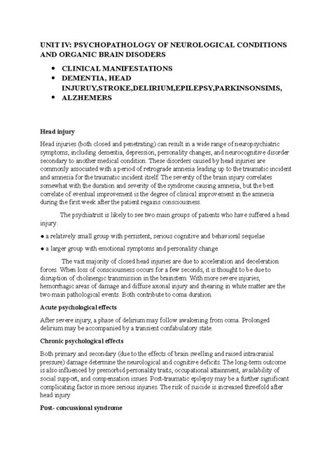 Delirium dementia and organic disorders - UNIT IV: PSYCHOPATHOLOGY OF ...