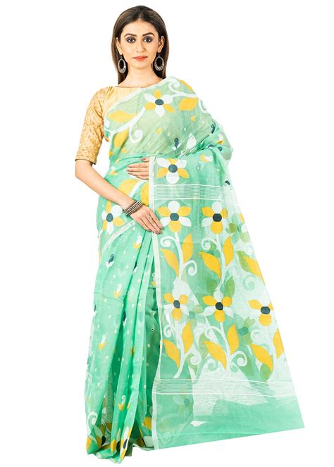 Get Contrast Bog Floral Dhakai Jamdani Soft Silk Sea Green Saree at ...
