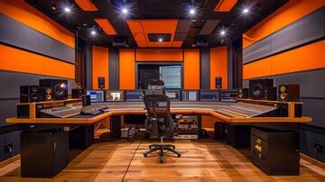 Modern music production studio featuring acoustic panels and mixing ...