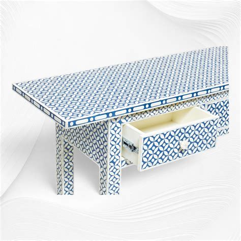 Blue Geometric Bone Inlay 3 Drawer Console Long Edges – Luxury Handicrafts