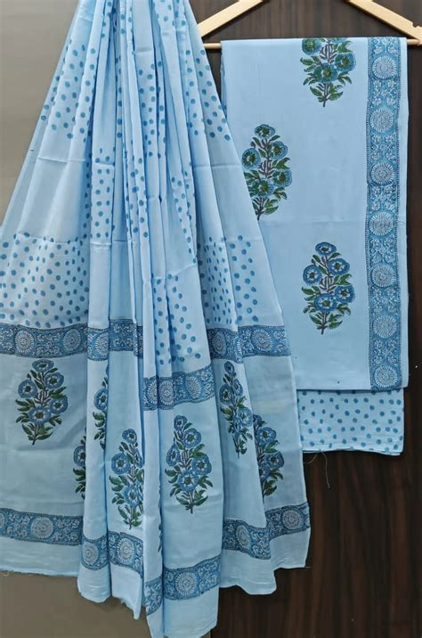 Handblock Cotton Material With Cotton Dupatta Set Blue – Fabric Bazaar