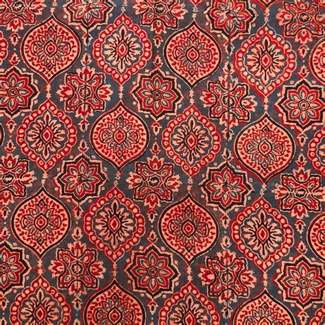 Pure Cotton Ajrak Blue With Red Wild Motifs Hand Block Print Fabric ...