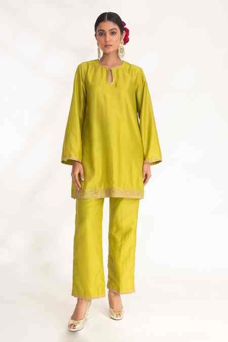 Buy Green Bamboo, Voile Zari Keyhole Neck Aavya Zardozi Embroidered ...