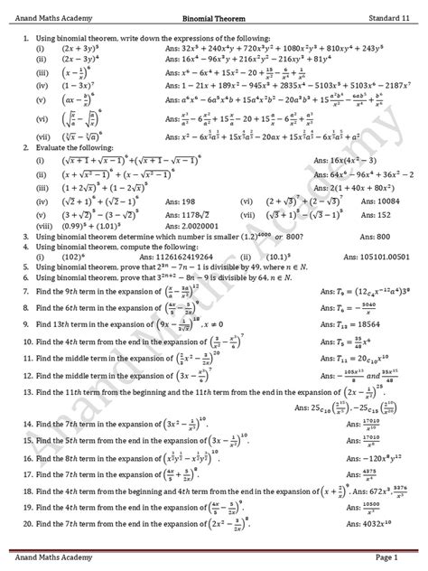 Image result for Binomial Theorem Worksheet