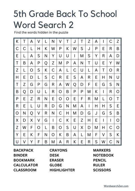 5th Grade Back To School Word Search Free Printable PDF File ...