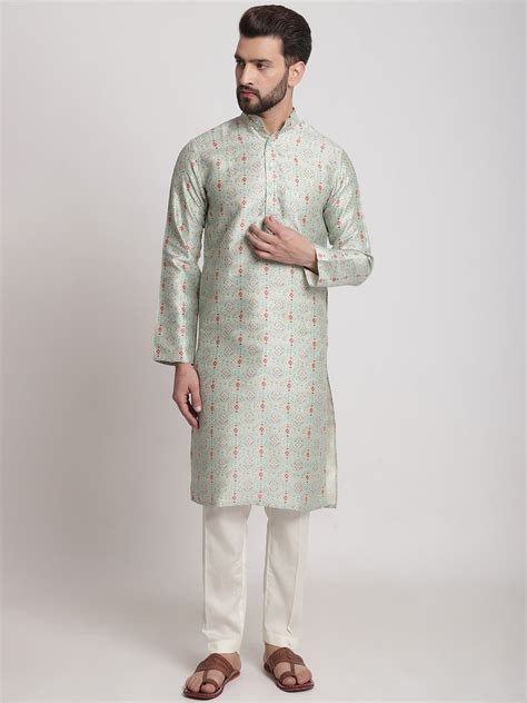 Green Ethnic Printed Silk Men Kurta Pajama – anokherang