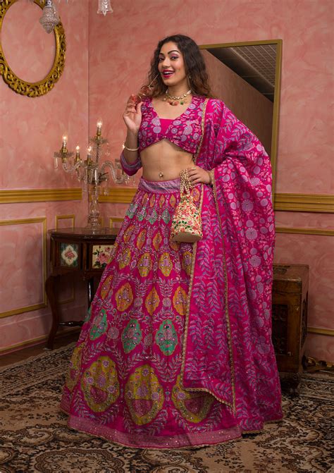 Buy Rani Pink Cutdana Soft Silk Semi-Stitched Lehenga - Koskii
