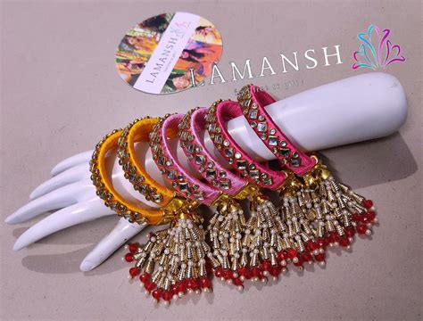 LAMANSH® (Size 2-6) New💛 Silk Kundan Indian Thread Bangles with hanging ...