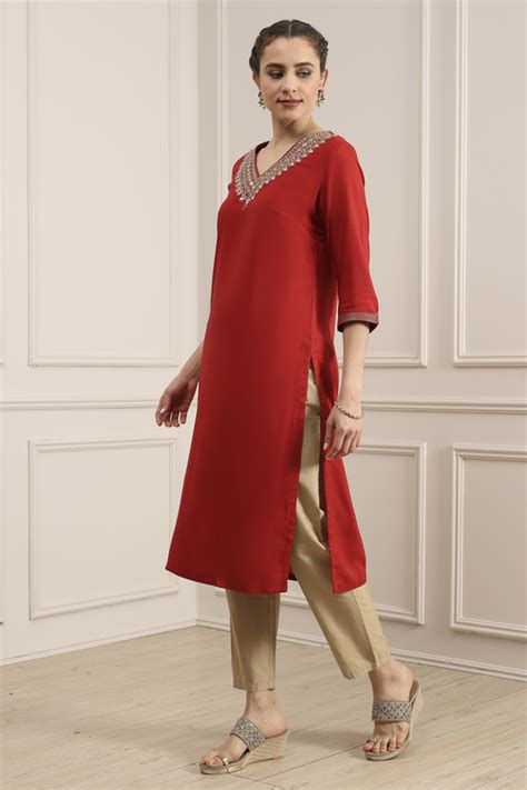 Buy Red Solid Straight Kurta Online at Biba India