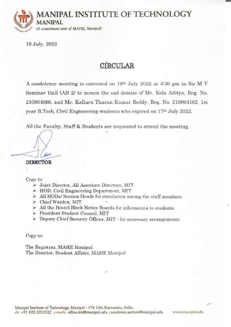 Condolence Circular - Human resource management - Studocu
