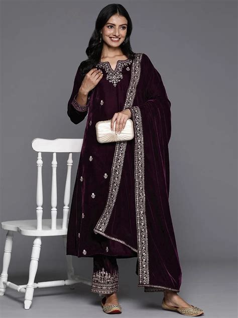 Buy Purple Embroidered Velvet A-Line Kurta With Trousers & Dupatta ...