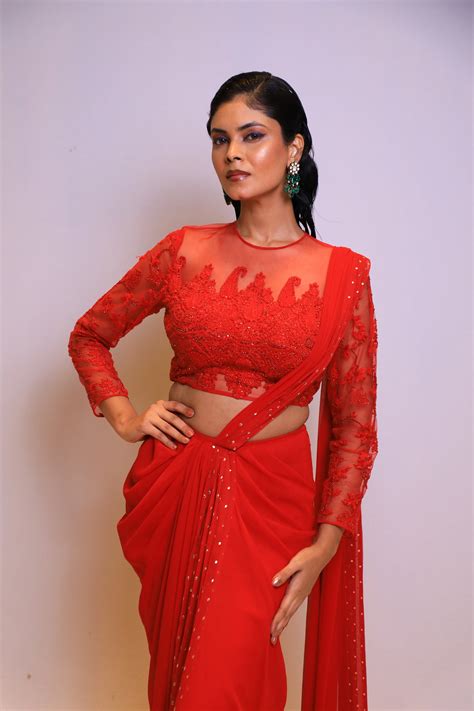 Elegant Red Mukesh Work Saree – Mynah Designs