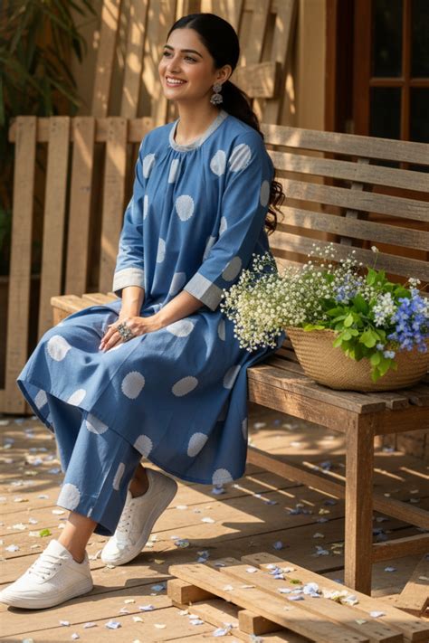 Co-ord Set Sky Dots Cotton Crew Neck Gather Dress & Pants - maati crafts
